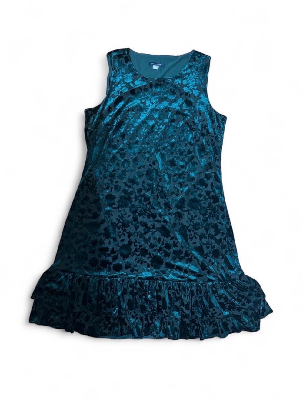 Tommy Hilfiger Teal Velvet Floral Midi Dress with Ruffle Hem